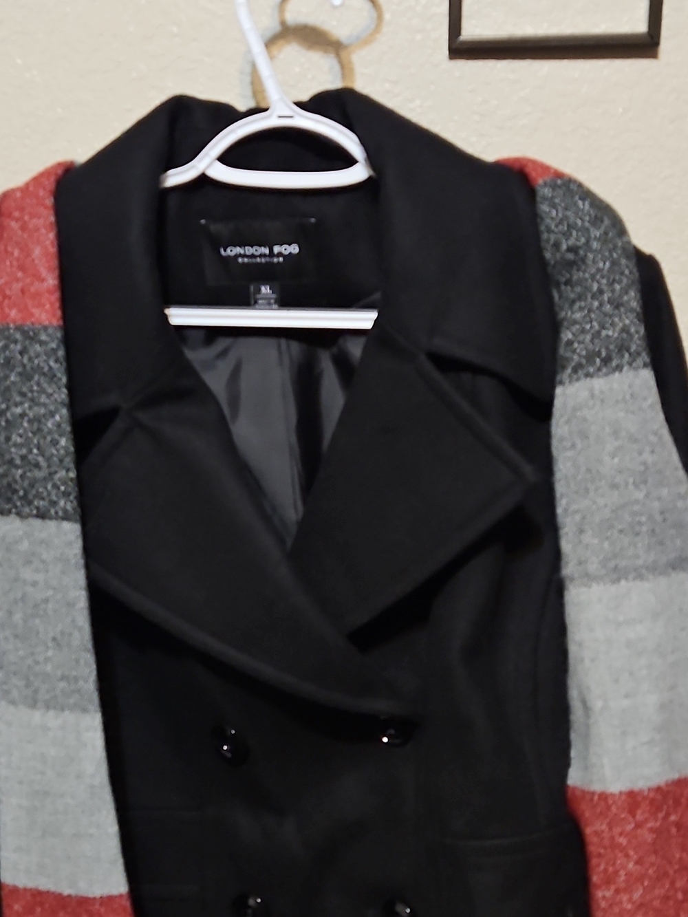 London Fog Black Double-Breasted Peacoat with Red and Gray Striped Scarf - Picture 2 of 9